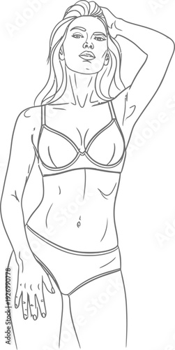 A woman in lingerie posing with one hand on her head