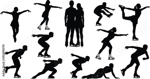 Figure skating silhouettes collection featuring skaters performing spins, jumps, and graceful poses on ice, isolated on white background, winter sport