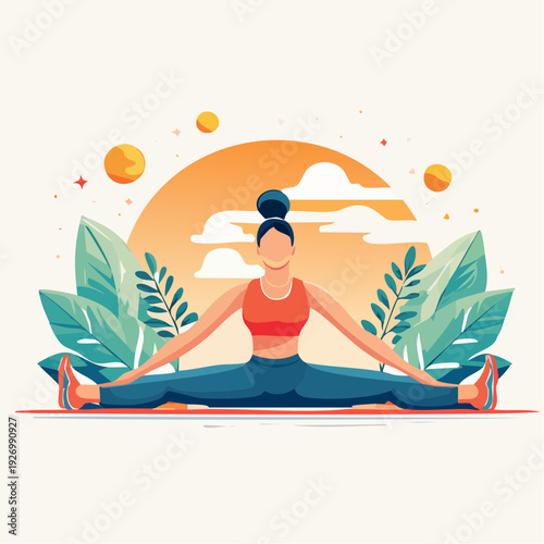 Active woman stretching in a wide leg split pose, embracing fitness and healthy lifestyle for improved well-being