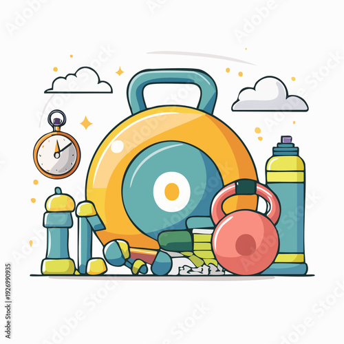 Colorful collection of gym and fitness equipment for a healthy workout lifestyle concept