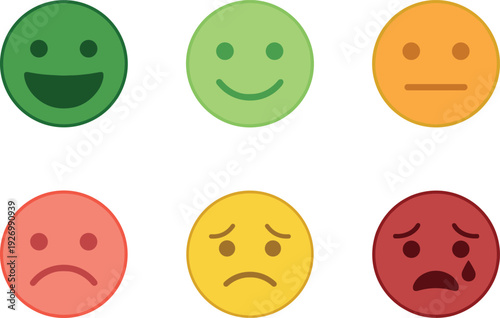 Colorful emoji faces set showing happy neutral sad angry emotions for customer feedback rating satisfaction scale and user experience design concept illustration