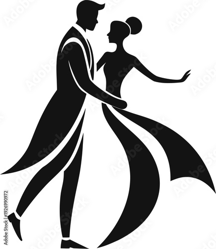 minimalist wedding couple icon, bride and groom slow dancing pose, silhouette style, flowing gown and suit, no rings, black filled shape, white background vector