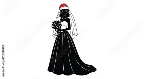 A black silhouette of a bride wearing a santa hat and veil clutching a bouquet of flowers high quality professional detailed