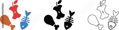 Cat fish chicken leg and apple bite Icon set cute food and pet silhouettes in color black and outline styles vector Illustration