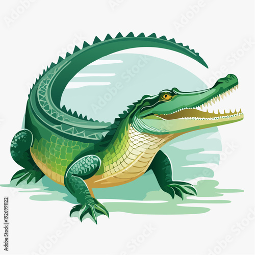 Vibrant Green Alligator Illustration with Open Jaws and Stylized Background