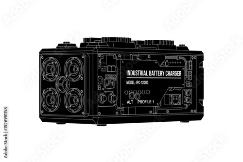 Industrial Battery Charger: A detailed schematic illustration of a robust industrial battery charger, showcasing its intricate design and technical components. 