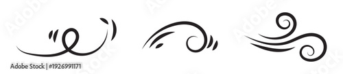 Wind line doodle set. Blue hand drawn wind swirls and gusts. Decorative breeze symbols for weather, nature, and climate designs.