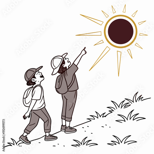Two boys looking up at the sun on a sunny day