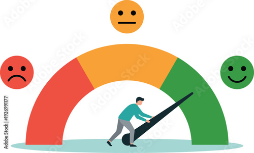 Customer satisfaction gauge illustration with businessman pushing rating needle toward positive feedback emotions for survey analytics user experience and service improvement concept