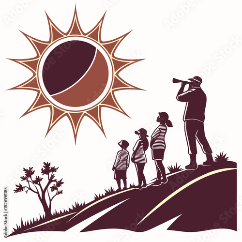 Family watching a solar eclipse with a telescope on a hill