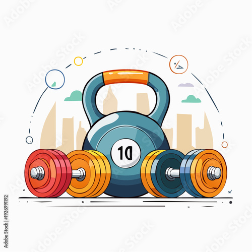 Fitness equipment illustration featuring kettlebell and dumbbells for gym workout