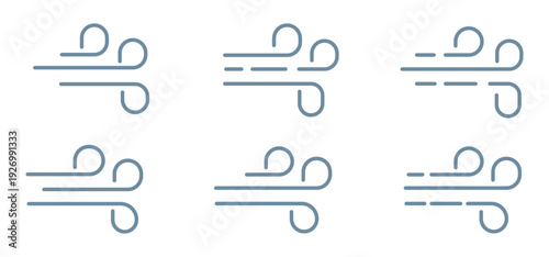Wind line doodle icon set. Hand drawn blue wind swirls and gusts. Decorative breeze symbols for weather, nature, and climate concepts. Vector air flow illustration element
