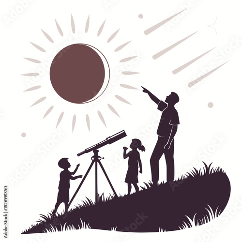A family observing the sun with a telescope