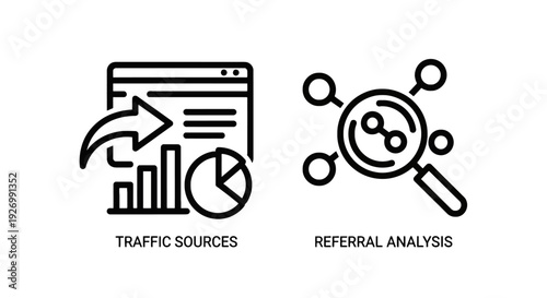 Traffic sources and referral analysis icons showing website analytics, data charts, and link tracking for digital marketing strategy