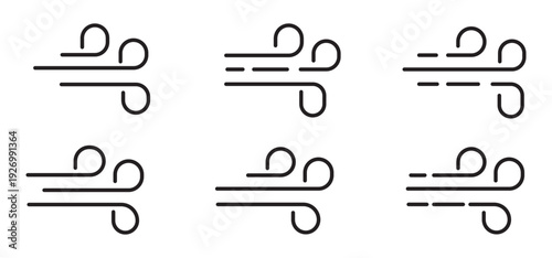 Wind line doodle icon set. Hand drawn blue wind swirls and gusts. Decorative breeze symbols for weather, nature, and climate concepts. Vector air flow illustration element