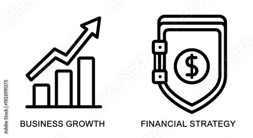 Business growth and financial strategy icons, illustrating upward trending charts and secure money symbols for economic success