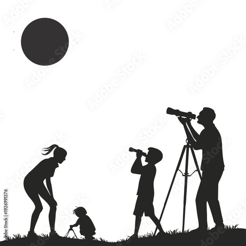 Family observing the sun with telescope and binoculars