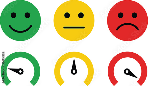 Customer satisfaction icons with emoji faces and gauge meters showing happy neutral sad feedback levels for survey analytics user experience design concept