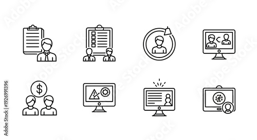 Collection of business and human resources icons including meetings, teamwork, online communication, and finance
