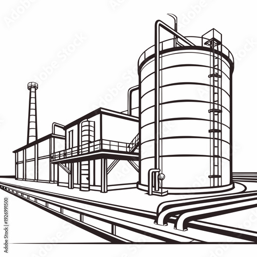 Industrial facility with large cylindrical storage tank and railway tracks