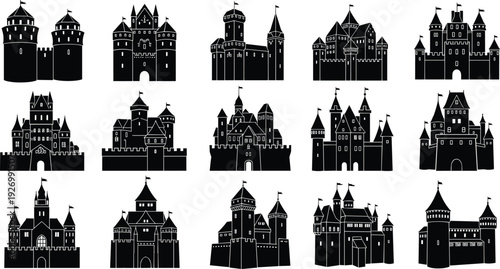 Medieval castle silhouettes collection featuring fantasy fortresses, towers, and historic strongholds, isolated on white background, architecture and fairytale theme
