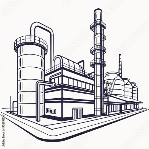 A large industrial building with many pipes