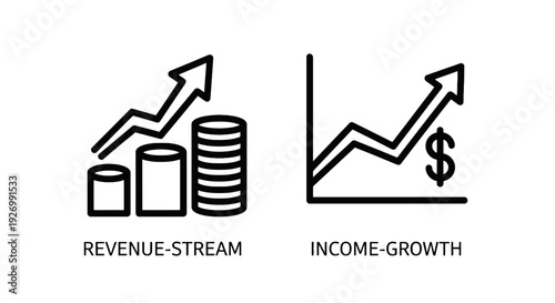 Simple line icons representing revenue stream growth and income growth with stacked coins and upward trending graphs on a white background.