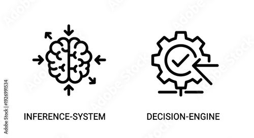 AI inference system and decision engine with brain and gear icons, representing artificial intelligence processing and logical output for automation