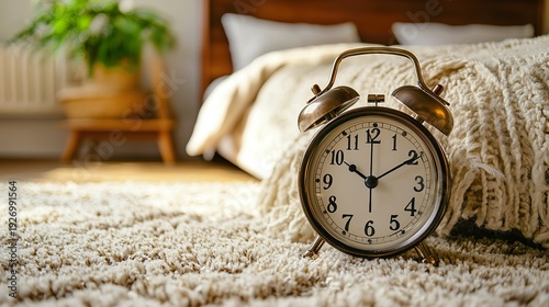 Heavy, weighted alarm clock Close-up of the solid metal base, subtle scuff marks,