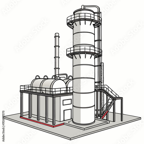 Industrial facility with large cylindrical tower and connected structures
