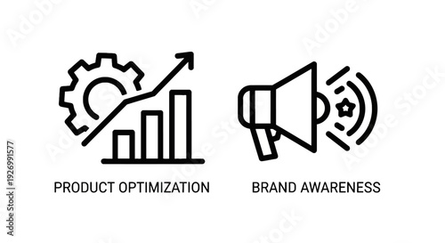 Business line icons showing product optimization with a gear and growth chart, and brand awareness with a megaphone on a white background.