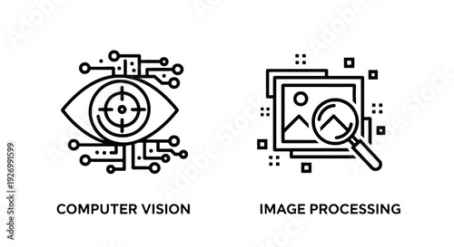 Modern outline icons: computer vision with a stylized eye and circuit elements, and image processing with a magnifying glass over photos.