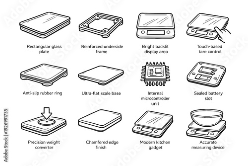 Unit finish tare scale icon vector measuring chamfered digital rectangular kitchen
