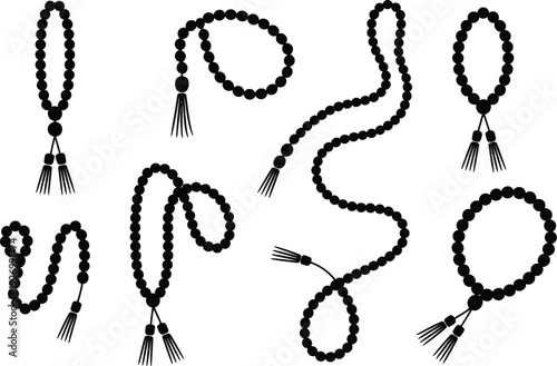 A set of black rosary beads illustration with tassels on white background