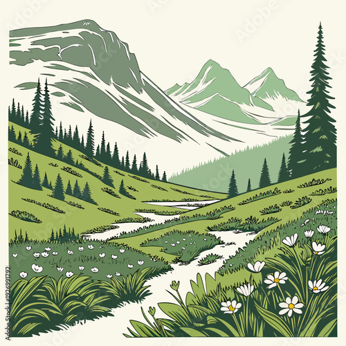 A serene mountain landscape with a stream and wildflowers