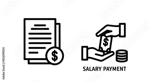 Salary payment icons: document with dollar sign and hands exchanging cash, symbolizing payroll, wages, and financial compensation.