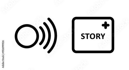 Sound wave icon radiating outward next to a square with the word 'STORY' and a plus symbol, suggesting audio content creation or sharing.