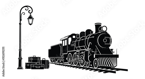 A vintage steam train with luggage depicted in stark black against a white background a striking silhouette high quality professional detailed