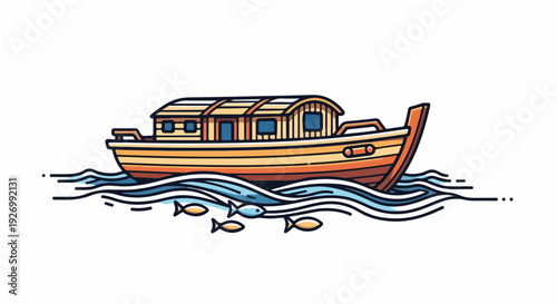 Illustration of a traditional fishing boat with a house on it floating on water with fish swimming underneath.