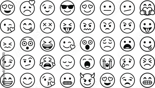Set of black outline emoji faces icons showing happy sad angry love shocked expressions for chat reactions stickers and user interface design