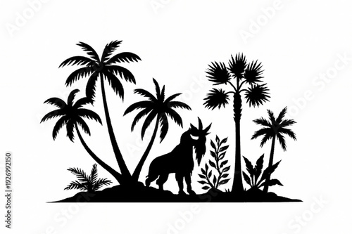 Mythical Creature Silhouette in Tropical Palm Tree Jungle Landscape