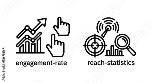Engagement Rate and Reach Statistics Icons: Click Clicks and Target with Signal Waves and Magnifying Glass for Digital Marketing Analysis