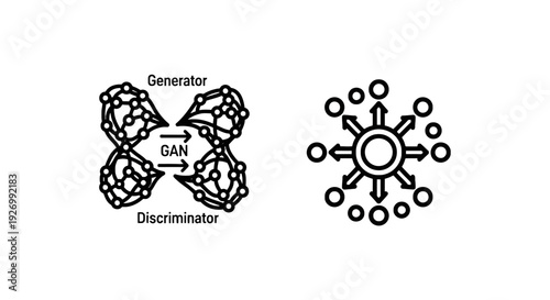 Generative Adversarial Network (GAN) Model and Data Distribution Icons for AI and Machine Learning Concepts