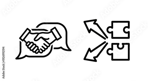Handshake in Speech Bubble and Puzzle Pieces Coming Together Icons for Partnership and Solutions