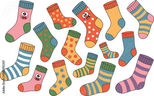 A colorful illustration of cartoon socks with various patterns and designs