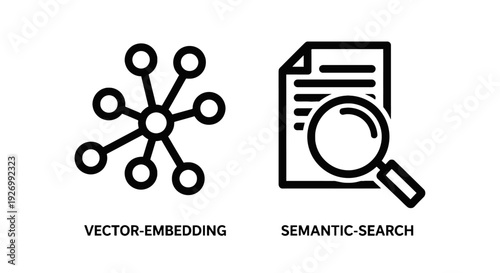 Icons for vector embedding and semantic search, illustrating data relationships, AI models, and document analysis. Conceptual graphics for search engines and natural language processing.