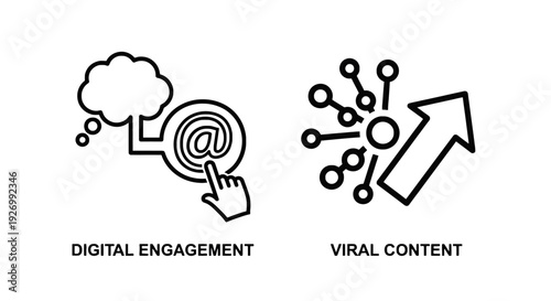 Digital engagement and viral content icons, showing online interaction, email clicks, and network spread. Representing social media marketing and content strategy.