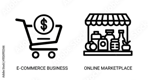 Icons depicting e-commerce business with shopping cart and dollar sign, and online marketplace with storefront and products.