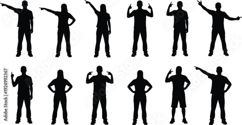 People pointing gestures silhouette collection, standing men women poses set, isolated black human figures, body language signs, communication concept illustration design