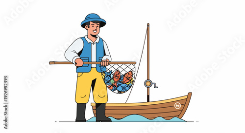 Illustration of a fisherman standing with a fishing rod and net in a wooden boat on water.